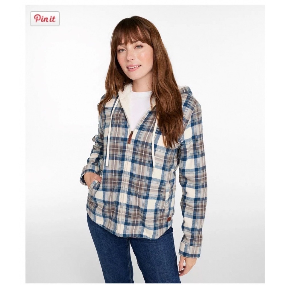 LL Bean Scotch Plaid Flannel Sherpa Lined Zip Hoodie Womens L Cabincore Gorpcore